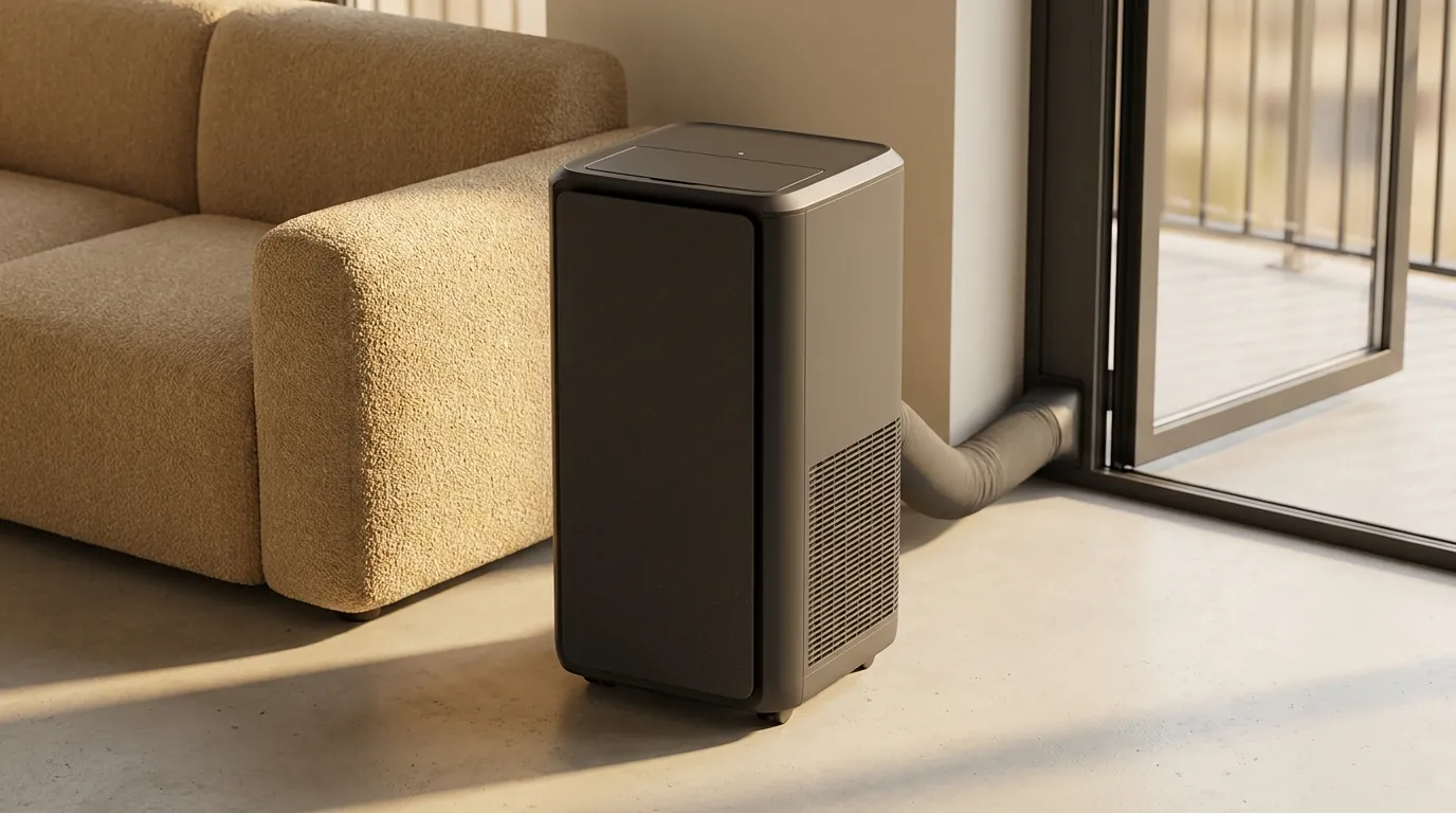 Balmair Go portable design study, graphite finish, in a living room in evening light